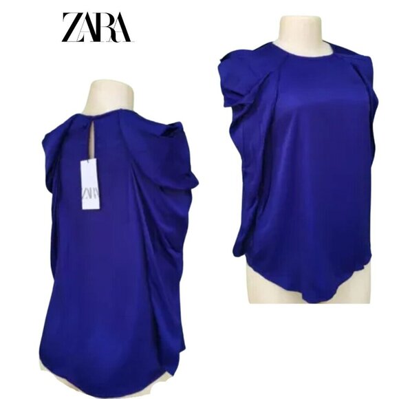 Zara Satin Effect Pleated Puff Shoulder Glossy  Blouse | XS | Royal Blue/Purple - Picture 3 of 16